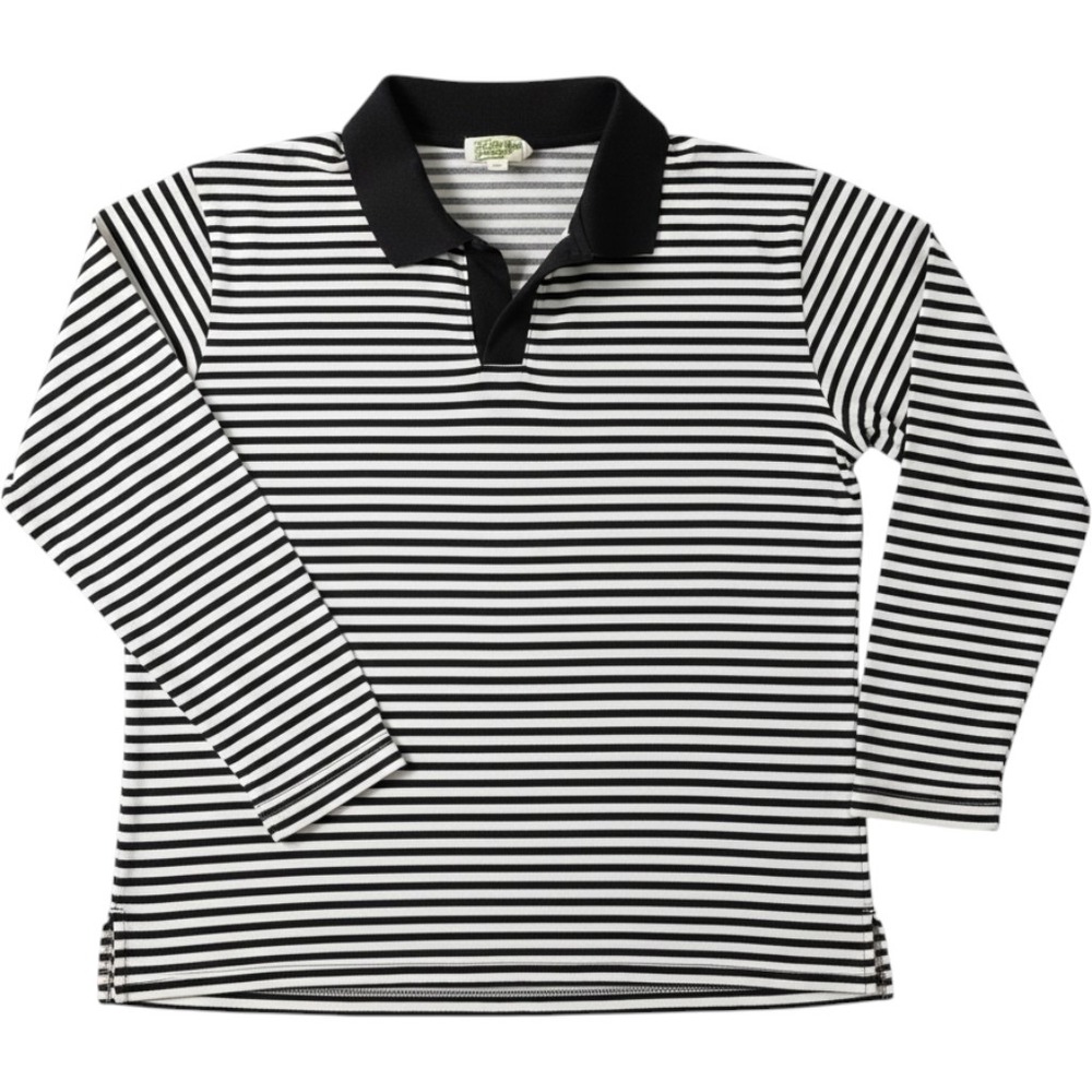 Erika & Company Polo Shirt L Black White Striped Long Sleeve V-Neck Top